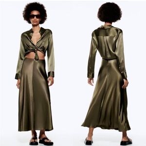 Green long satin effect dress